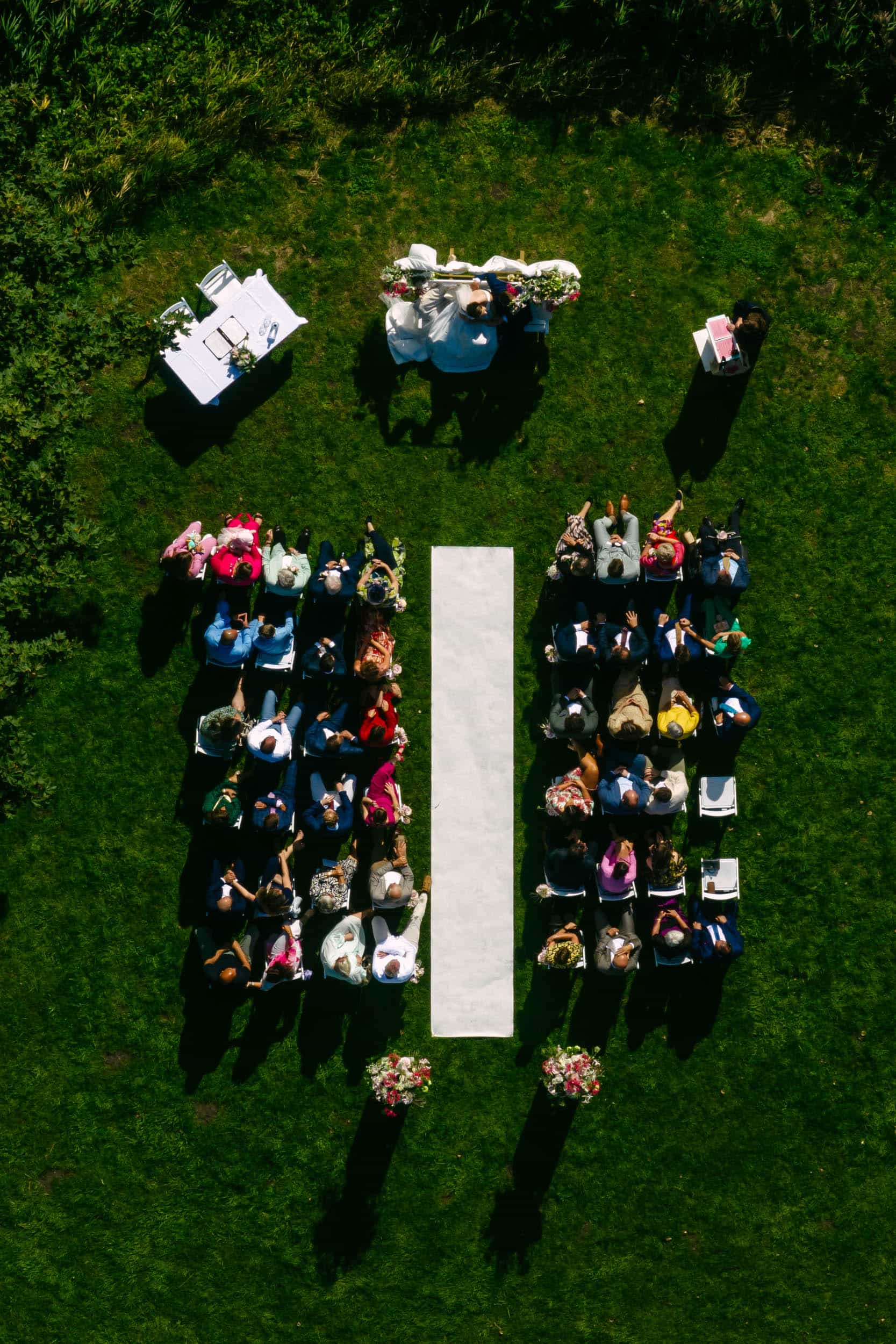 Capturing the perfect wedding ceremony on a lawn from the air.