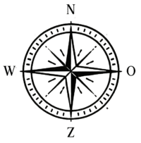 A black and white compass rose with the directional marks N, O, Z and W elegantly adorns a beige background, reminiscent of the decor of a classic wedding venue.